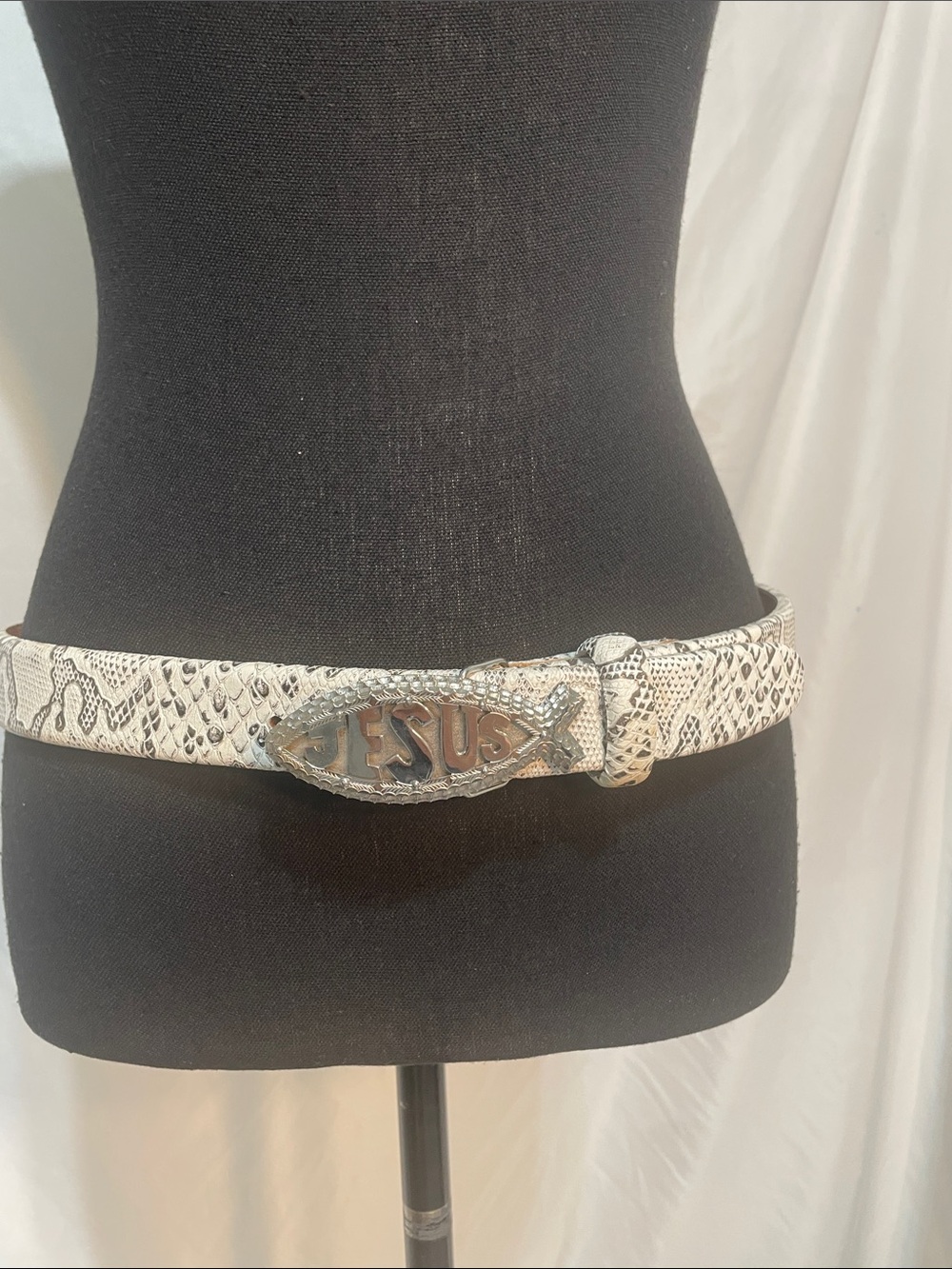 White Snake-Print 'Jesus' Belt with Silver Buckle. Costal Cowgirl. Size 34. Used